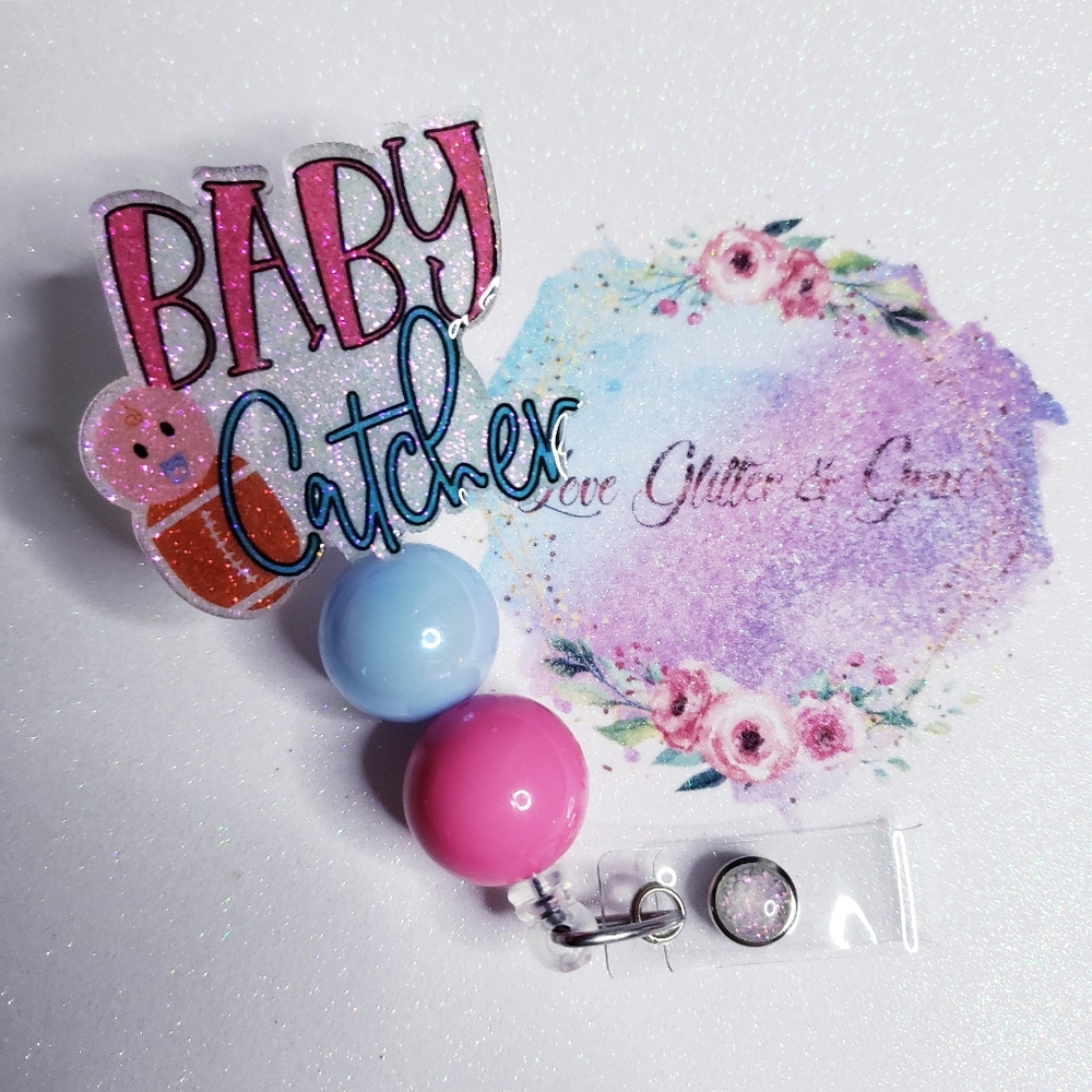 Baby catcher OB badge reel, glitter, nurse, healthcare